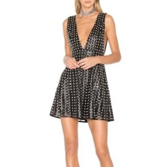 X By NBD CeCe Black Silver Beaded Low Cut Mini Flared Party Cocktail Dress 2 - Picture 1 of 6